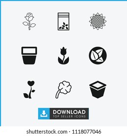 Flower icon. collection of 9 flower filled and outline icons such as pot for plants, seed bag, clover, leaf. editable flower icons for web and mobile.