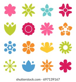 Colección de iconos de flores en estilo plano. Símbolo o logotipo de margarita, plantilla, pictograma. Silueta de flores. Colorida ilustración vectorial de diseño retro de los años 70. Estilo minimalista