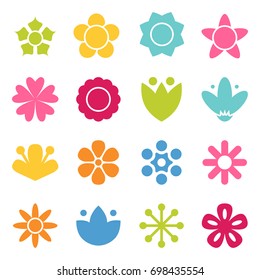 Flower icon collection in flat style. Daisy symbol or logo, template, pictogram. Blossom silhouette. Colorful 70s retro design vector illustration. Minimal style