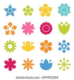 Flower icon collection in flat style. Daisy symbol or logo, template, pictogram. Blossom silhouette. Colorful 70s retro design vector illustration. Minimal style