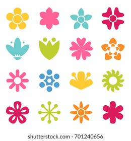 Flower icon collection in flat style. Daisy symbol or logo, template, pictogram. Blossom silhouette. Colorful 70s retro design vector illustration. Minimal style