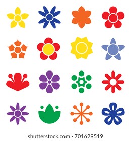 Flower icon collection in flat style. Daisy symbol or logo, template, pictogram. Blossom silhouette. Colorful 70s retro design vector illustration. Minimal style