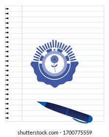 flower icon drawn with pen strokes. Blue ink. Vector Illustration. Detailed.