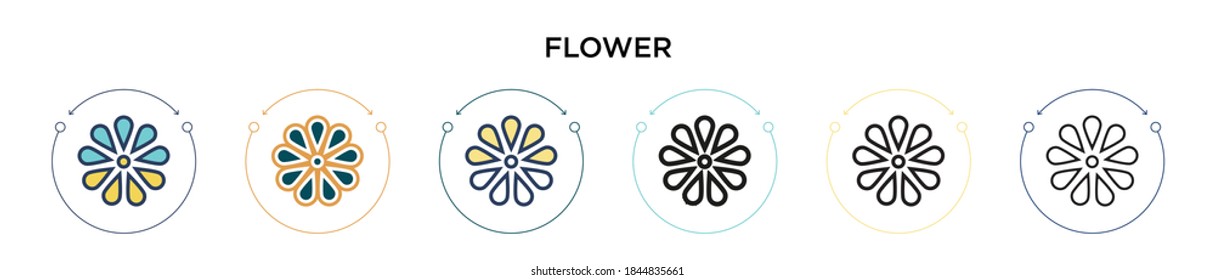 Icono de flor en estilo relleno, delgado, contorno y trazo. Ilustración vectorial de dos iconos de los vectores de flores de color y negro se puede utilizar para móviles, ui, web