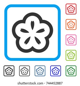 Flower icon. Flat gray pictogram symbol inside a blue rounded rectangle. Black, gray, green, blue, red, orange color additional versions of Flower vector. Designed for web and software interfaces.