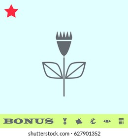Flower icon flat. Grey pictogram on blue background. Vector illustration symbol and bonus buttons medal, cow, earth, eye, calculator