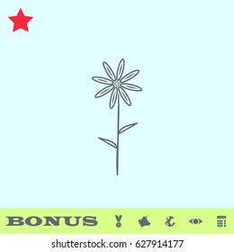 Flower icon flat. Grey pictogram on blue background. Vector illustration symbol and bonus buttons medal, cow, earth, eye, calculator
