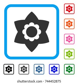 Flower icon. Flat grey pictogram symbol in a blue rounded rectangular frame. Black, gray, green, blue, red, orange color additional versions of Flower vector.