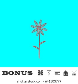 Flower icon flat. Red pictogram on blue background. Vector illustration symbol and bonus buttons Music center, corkscrew, credit card, house, drum