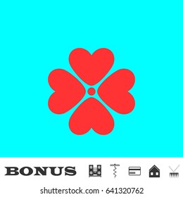 Flower icon flat. Red pictogram on blue background. Vector illustration symbol and bonus buttons Music center, corkscrew, credit card, house, drum