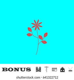 Flower icon flat. Red pictogram on blue background. Vector illustration symbol and bonus buttons Music center, corkscrew, credit card, house, drum