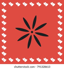 Flower icon flat. Simple black pictogram on red background with white hearts for valentines day. Vector illustration symbol