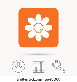 Flower icon. Florist plant with petals symbol. Report chart, download and magnifier search signs. Orange square button with web icon. Vector