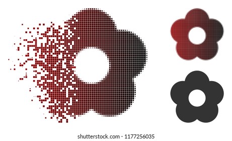 Flower icon in fractured, dotted halftone and undamaged solid variants. Cells are grouped into vector dissolving flower icon.