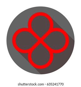 Flower icon. Infinity perpendicular infinity. Vector. Red icon with reddish shadow on dark gray circle at white background. Isolated.