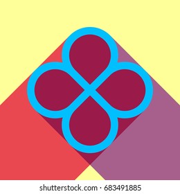 Flower icon. Infinity perpendicular infinity. Vector. Deep sky blue icon with two flat violet and raspberry semitransparent shadows on canary background.