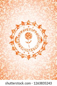 flower icon inside abstract emblem, orange mosaic background