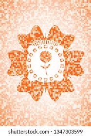 flower icon inside abstract emblem, orange mosaic background