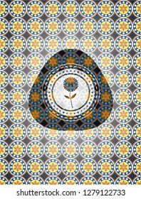 flower icon inside arabic badge. Arabesque decoration.