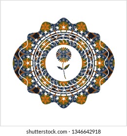 flower icon inside arabic badge background. Arabesque decoration.