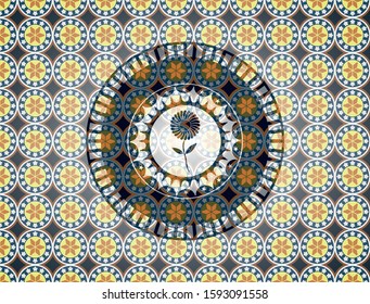 flower icon inside arabic badge background. Arabesque decoration.