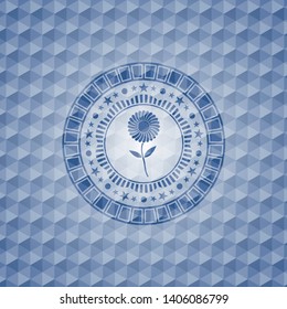 flower icon inside blue badge with geometric background.
