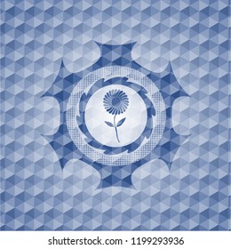 flower icon inside blue emblem with geometric background.