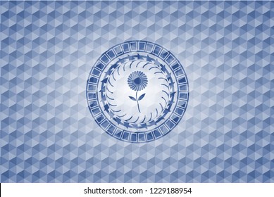 flower icon inside blue emblem with geometric pattern background.