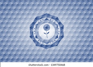 flower icon inside blue emblem with geometric pattern background.