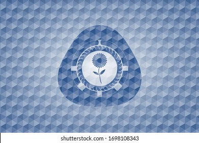flower icon inside blue emblem or badge with abstract geometric polygonal pattern background.