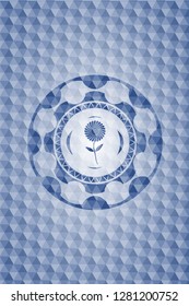 flower icon inside blue hexagon emblem.