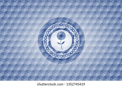 flower icon inside blue polygonal badge.