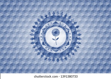 flower icon inside blue polygonal badge.