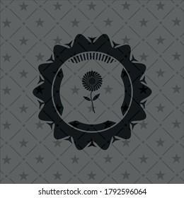 flower icon inside dark emblem. 