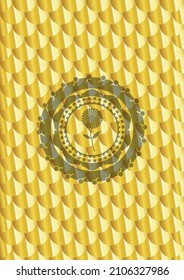 flower icon inside golden badge. Scales pattern. Vector Illustration. Detailed. 