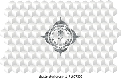 flower icon inside grey badge with geometric cube white background