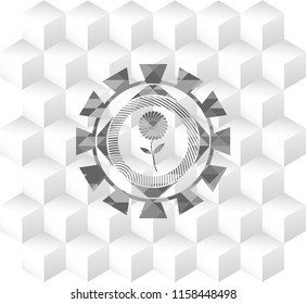 flower icon inside grey emblem with geometric cube white background