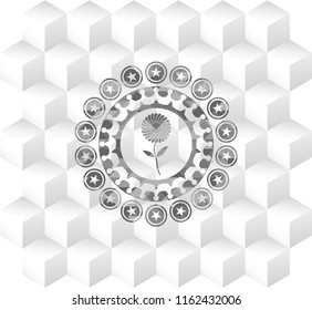 flower icon inside grey emblem with cube white background