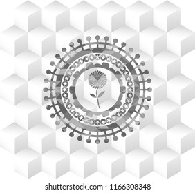 flower icon inside grey emblem with cube white background