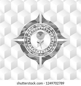 flower icon inside grey emblem. Vintage with geometric cube white background