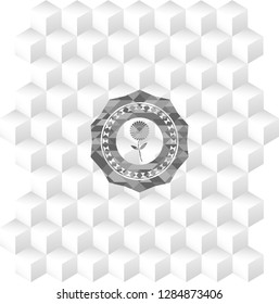 flower icon inside grey emblem. Vintage with geometric cube white background