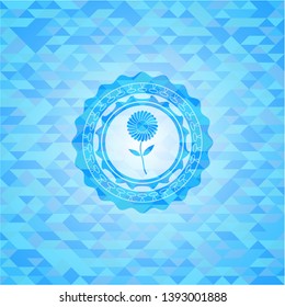 flower icon inside light blue emblem with mosaic ecological style background