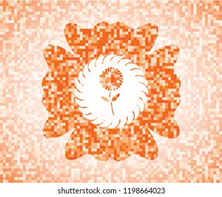 flower icon inside orange mosaic emblem with background
