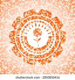 flower icon inside orange mosaic emblem. 