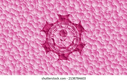 flower icon inside pink badge with bubbles background. Vector Illustration. Detailed. 