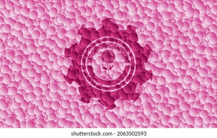 Blumensymbol in rosafarbenem Emblem mit Blasenhintergrund. Vektorgrafik. Detaillierte Angaben. 