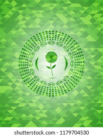 flower icon inside realistic green emblem. Mosaic background