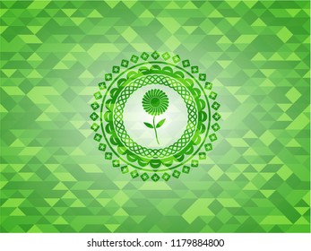 flower icon inside realistic green mosaic emblem