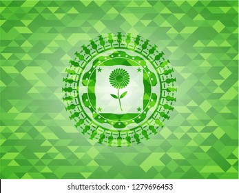 flower icon inside realistic green mosaic emblem