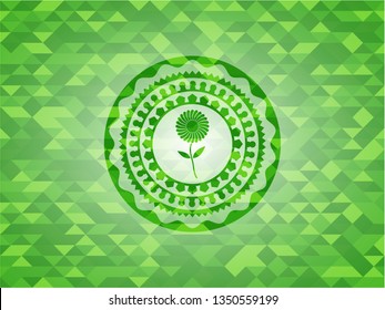 flower icon inside realistic green emblem. Mosaic background